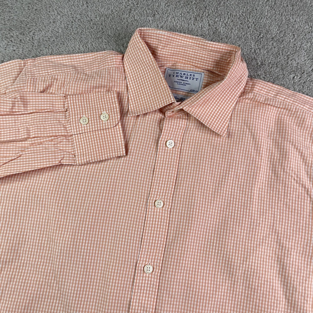 Charles Tyrwhitt Shirt Mens 17 35 Orange Gingham Slim Fit Cotton Button Up